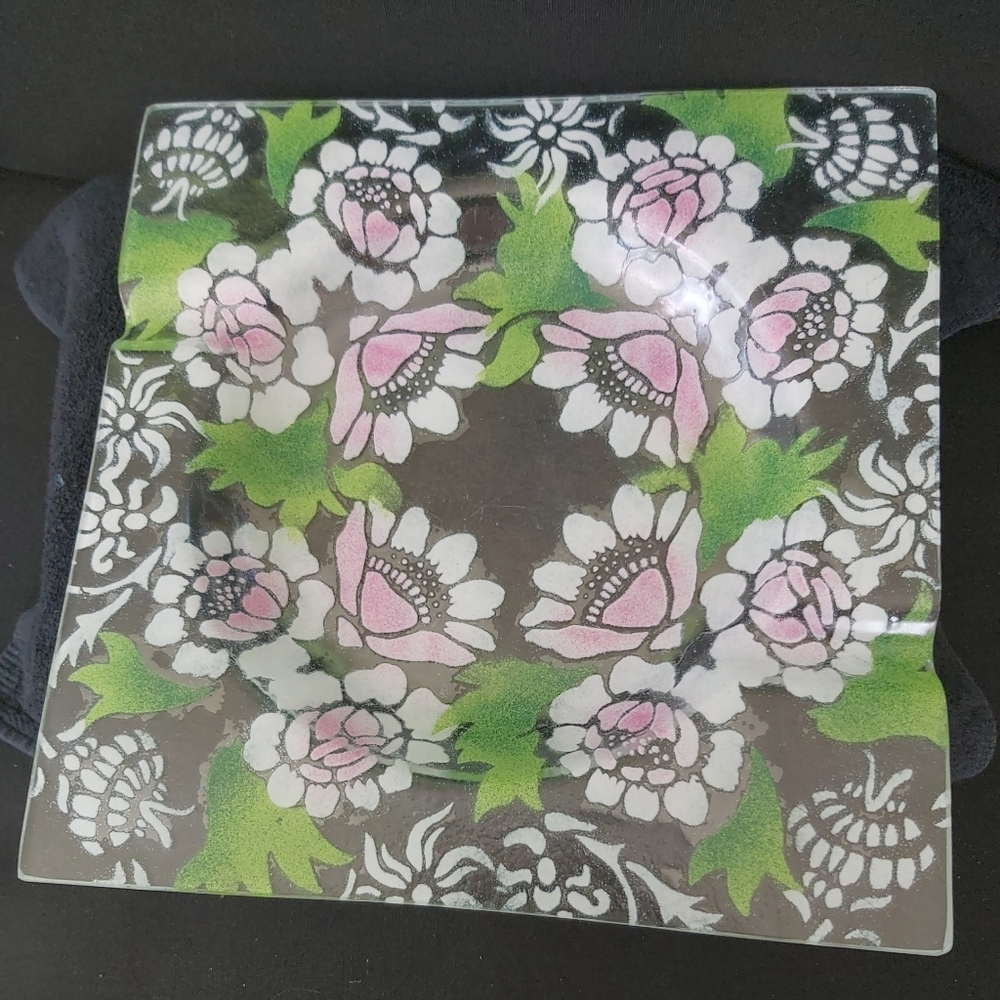 Vtg Sydenstricker Fused Art Glass Bowl Dish Square Signed Daisies Florals 10"